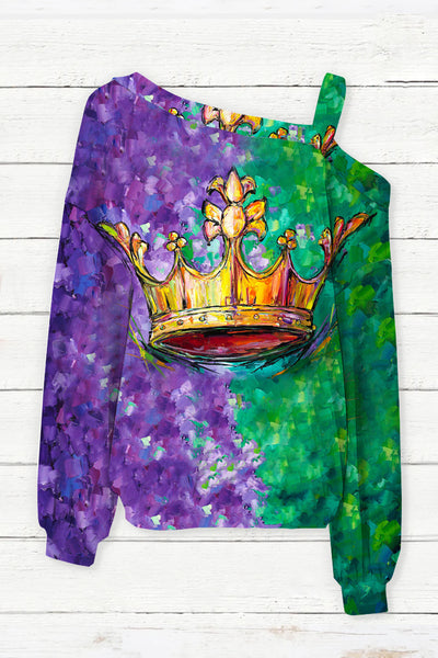 Tricolor Mardi Gras Carnival Fleur De Lis Imperial Crown Off-Shoulder Blouse