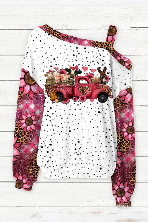 Leopard Farm Animals Truck Off-shoulder Blouse