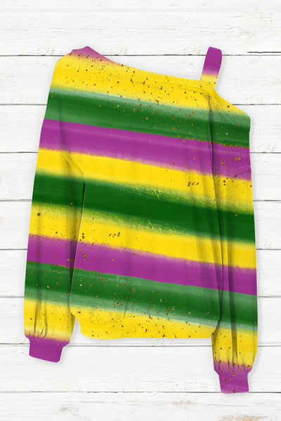 Vintage Mardi Gras Carnival Purple Green And Gold Splash Color Block Print Off-Shoulder Blouse