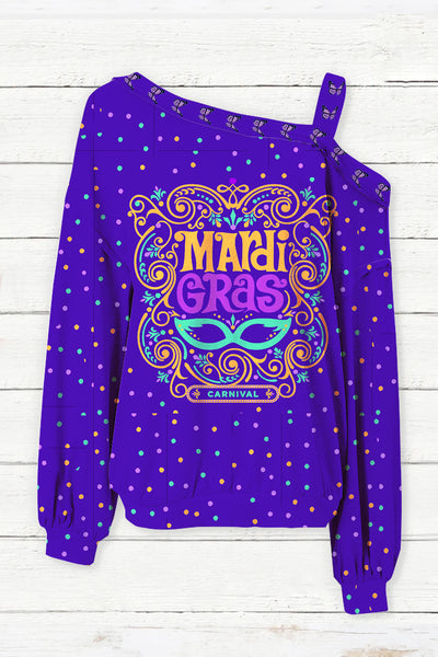 MArdi GRAS Mask Floral Font Purple Off-Shoulder Blouse