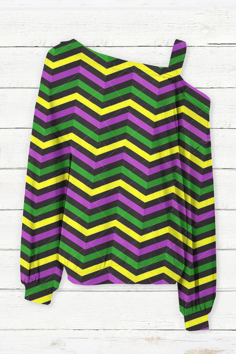 Mardi Gras Geometric Pattern With Zigzag Stripes Print Off-Shoulder Blouse