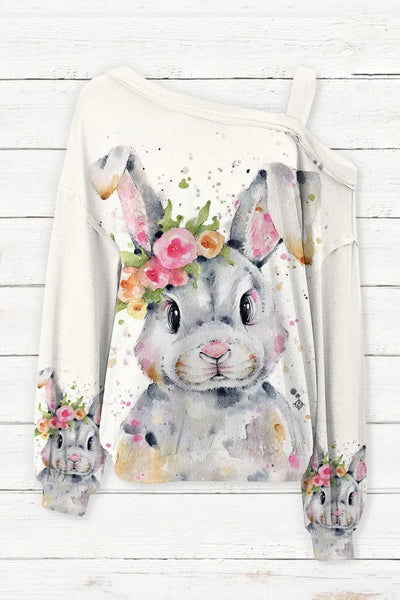 Bunny Rabbit Wearing Spring Flower Wreath  Multicolor Ink Dots Printed Casual Off-Shoulder Blouse