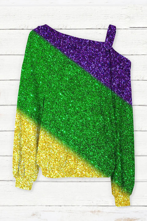 Retro Glitter Gradient Mardi Gras Carnival Print Off-Shoulder Blouse