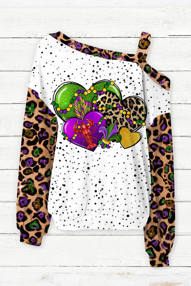 Mardi Gras Western Leopard Love Heart Crawish Off-Shoulder Blouse