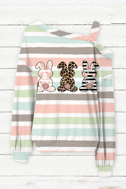 Cute Leopard Easter Bunny Stripe Off-Shoulder Blouse