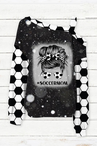 Soccer Mom Messy Bun Print Bleached Off-Shoulder Blouse