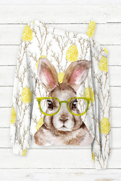 Cute Easter Bunny With Glasses In Easter Eggs Forest Printed Off-Shoulder Blouse