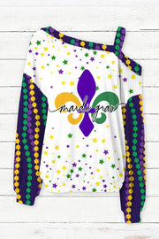 Mardi Gras Fleur De Lis Beads Stars Off-Shoulder Blouse