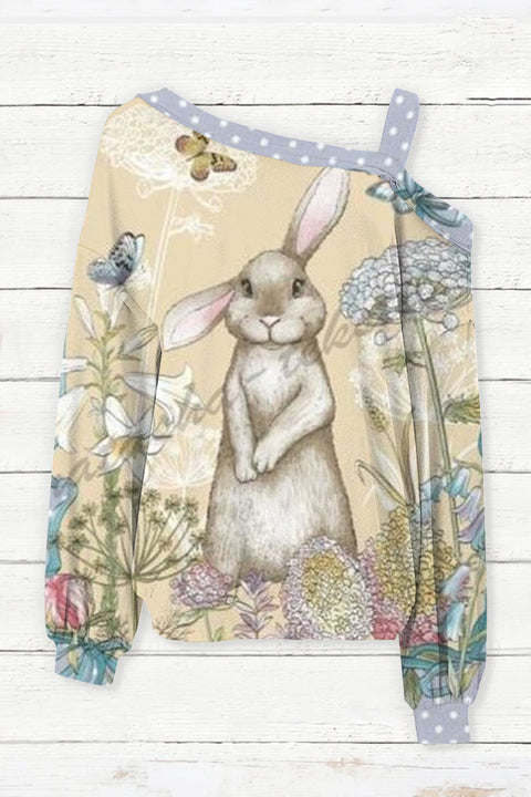 The Little Gray Rabbit In The Flowers Standing Bunny Off Shoulder Blouse