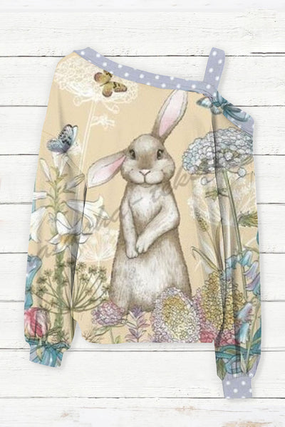 The Little Gray Rabbit In The Flowers Standing Bunny Off Shoulder Blouse