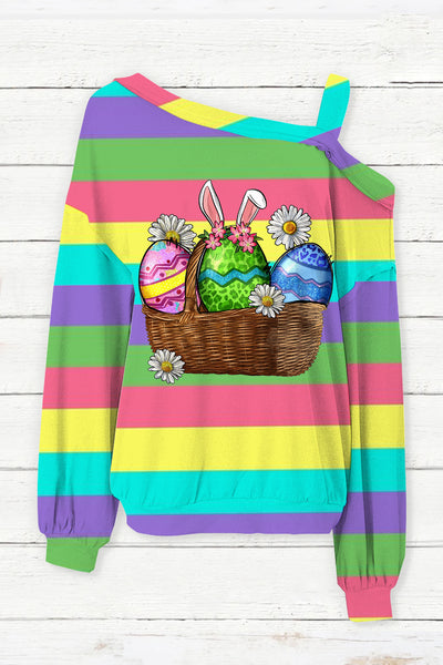 Happy Easter Day Colorful Eggs Stripe Off-Shoulder Blouse