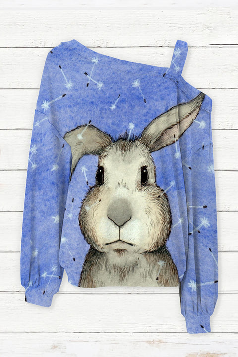 Cute Easter Bunny With Glasses In Easter Eggs Forest Printed Off Shoulder Blouse