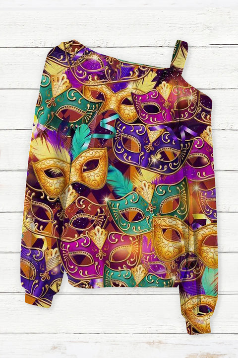 Glitter Mardi Gras Carnival Mask Print Off-Shoulder Blouse