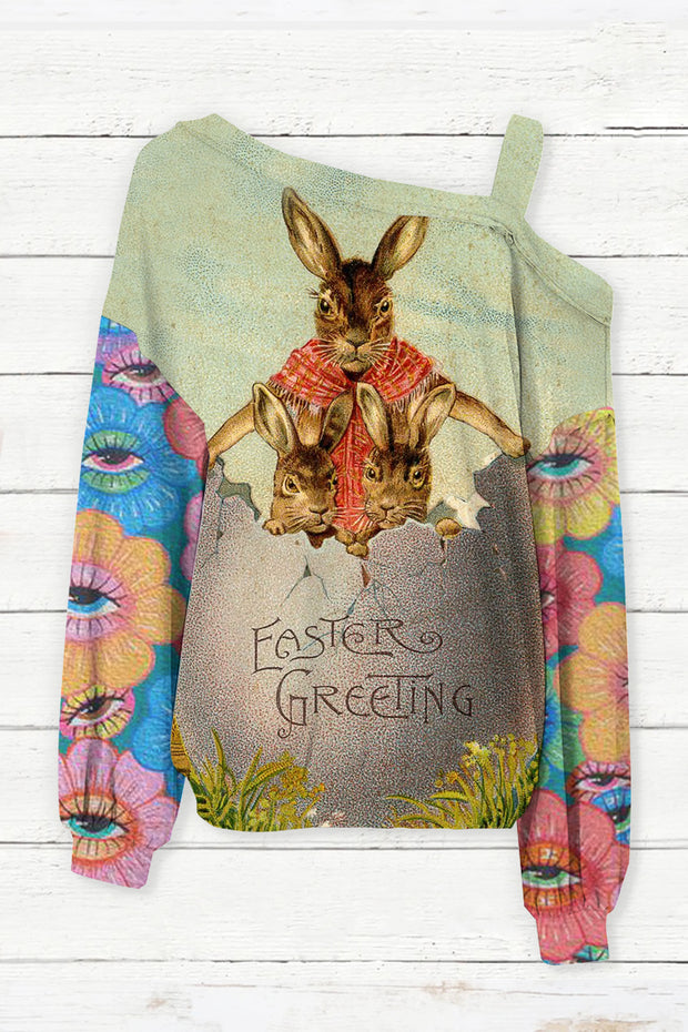 Easter Greeting The Three Rabbits Living In The Egg House Off-Shoulder Blouse