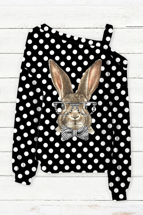 Casual Easter Bunny Rabbit With Black And White Plaid Print Off-Shoulder Blouse