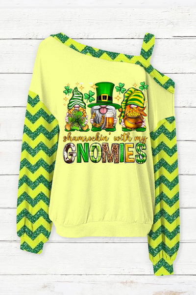 St. Patrick's Day Shamrockin' With My Gnomies Print Off-Shoulder Blouse