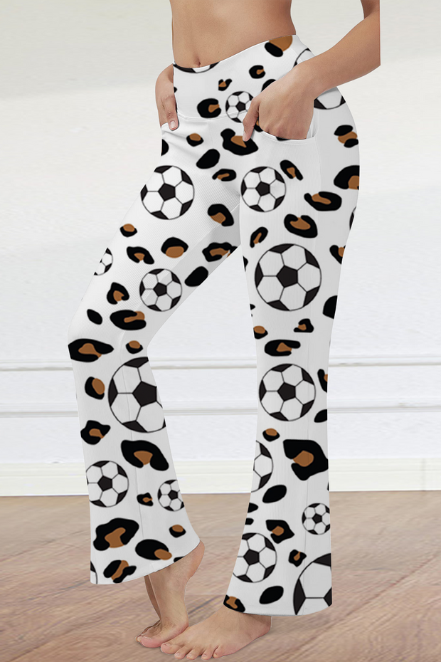 Game Day Soccer & Leopard Pattern High Waisted Flare Pants with Pockets