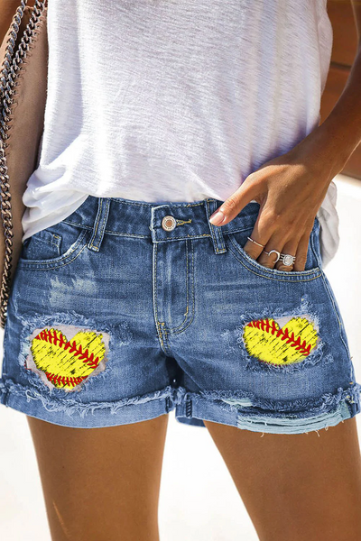 Casual Softball Sports Style Heart Printed Ripped Denim Shorts
