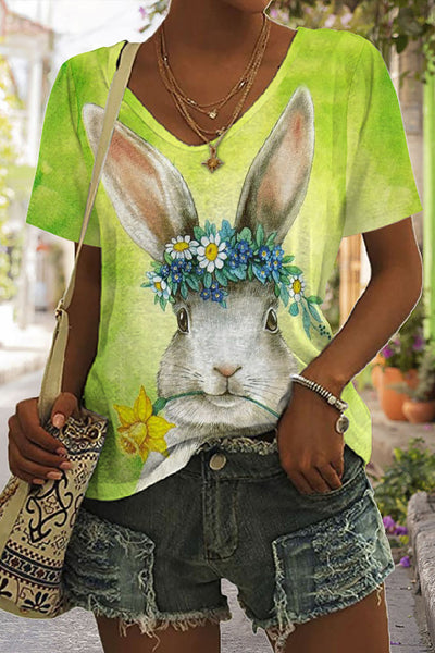 Happy Easter Bunny With Daffodils Spring Floral Printed V Neck T-shirt