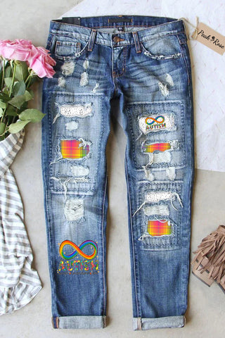Autism Accept Understand Love Rainbow Infinity Symbol Puzzle Print Ripped Denim Jeans