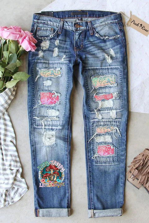 Stay Trippy Little Hippie Soul Flowers Boho Printed Ripped Denim Jeans