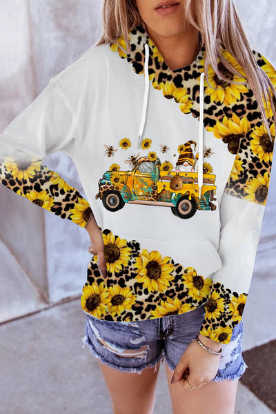 Western Gnomes Truck With Bees And Sunflowers Leopard Print Hoodie