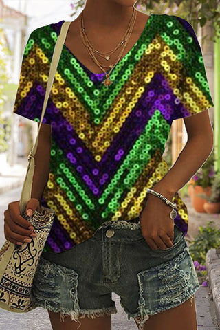 Mardi Gras Carnival Sequin Glitter Purple Green And Gold Color Print V Neck Short Sleeve T-shirt