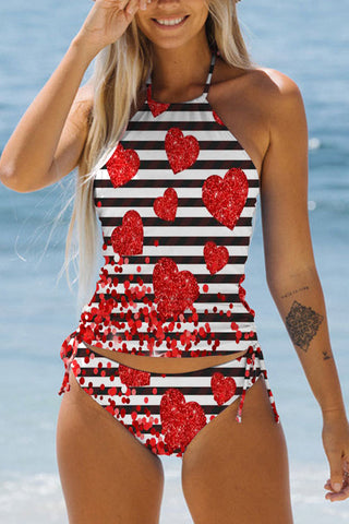 Black And White Striped Love Print Bikini Swimsuit