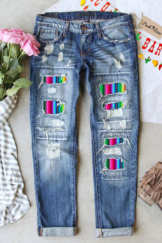 Cinco De Mayo Mexican Western Striped Print Ripped Denim Jeans