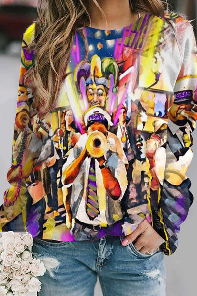 Mardi Gras Carnival Parade Blow The Trumpet With Clown Mask Beads Printed Sweatshirt