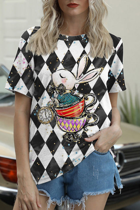 Vintage Black With White Plaid Teacup Bunny And Clock Printed Round Neck Short Sleeve T-shirt