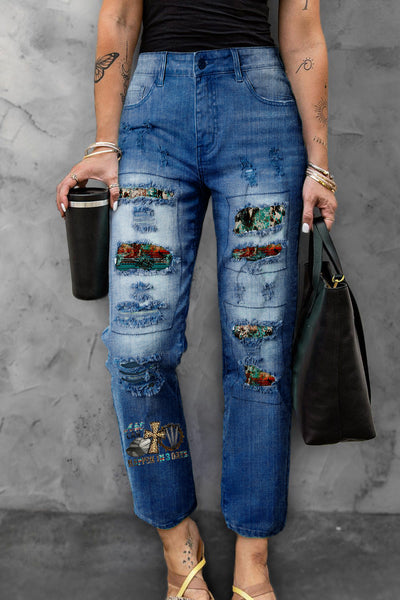 A Lot Can Happen In 3 Days Western Rhinestone Leopard  Easter Cross Printed Ripped Denim Jeans