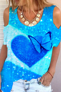 Glitter Heart Butterfly Sparkles Print Cold Shoulder T-Shirt