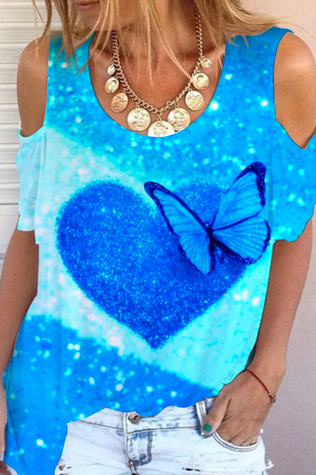 Glitter Heart Butterfly Sparkles Print Cold Shoulder T-Shirt