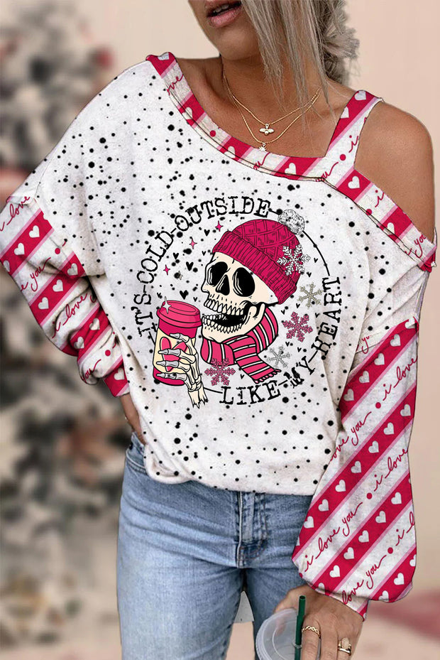 It's Cold Outside Like My Heart Skeleton Print Off-shoulder Blouse