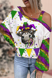 Mardi Gras Leopard Fleur De Lis Cow  With Beats Print Off-Shoulder Blouse