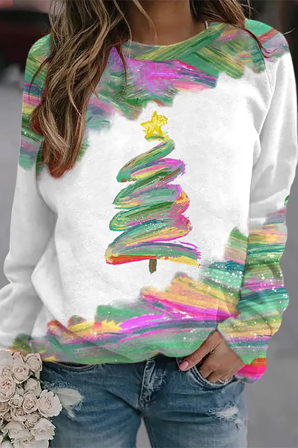 Ölgemälde-Weihnachtsbaum-Druck-Sweatshirt