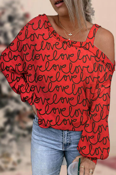 Love Full Print Red Off-shoulder Blouse