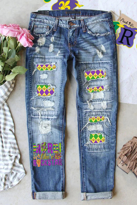 Mardi Like A Rockstar Fleur De Lis And Mask Print Denim Jeans