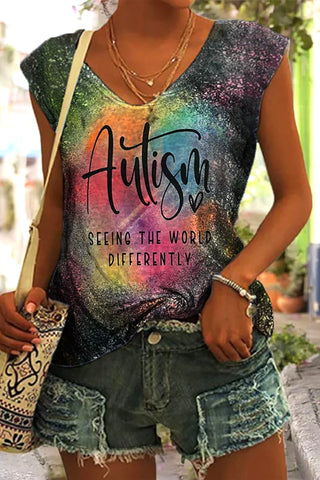 Autism Seeing The World Differently Print V-Neck Tank Top