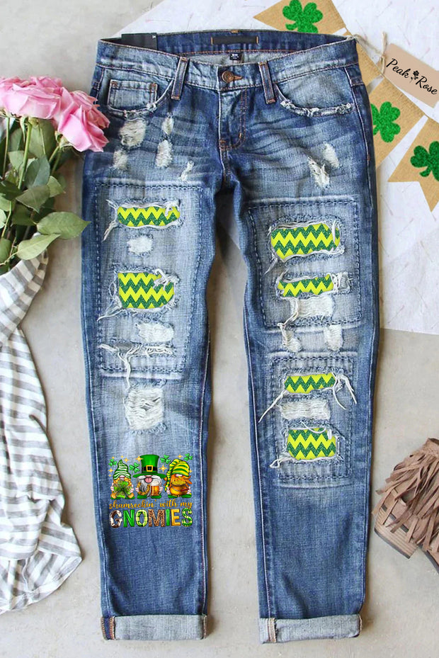 St. Patrick's Day Shamrockin' With My Gnomies Print Ripped Denim Jeans