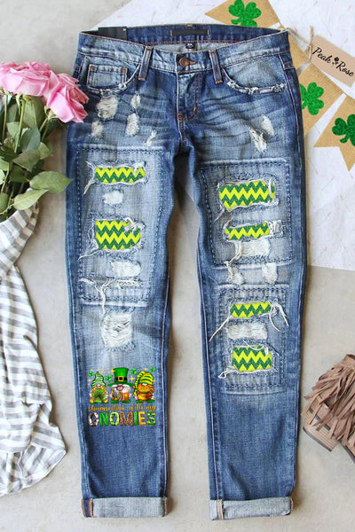 St. Patrick's Day Shamrockin' With My Gnomies Print Ripped Denim Jeans
