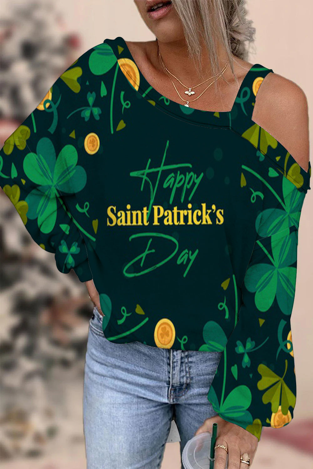 Happy St. Patricks Day Print Off-shoulder Blouse