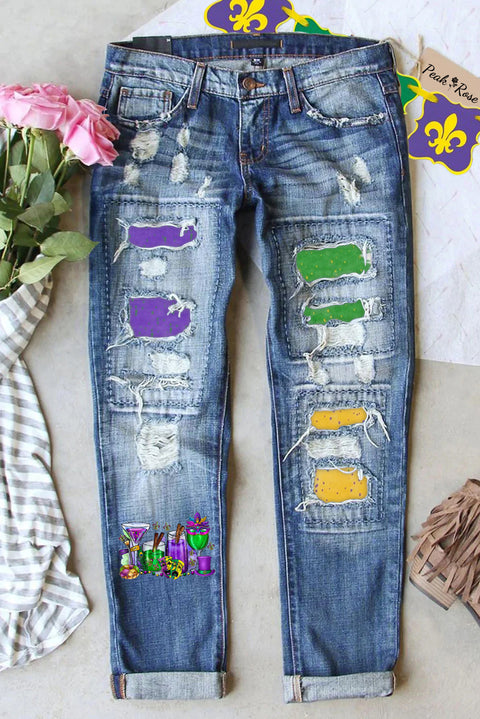 Mardi Gras Wine Glasses With Fleur De Lis Clown Mask  Polka Dots Print Ripped Denim Jeans