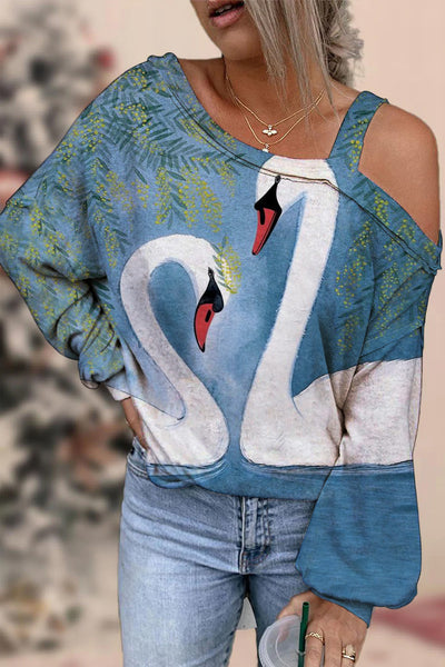 White Swan In Love Print Off-shoulder Blouse