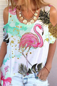 Summer Flamingos Cold Shoulder T-shirt
