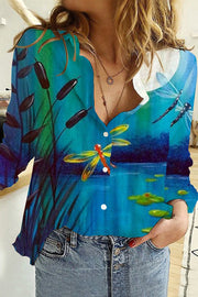 Casual Dragonflies Plants Blue Paintings Long Sleeve Shirt