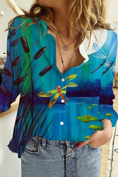Casual Dragonflies Plants Blue Paintings Long Sleeve Shirt