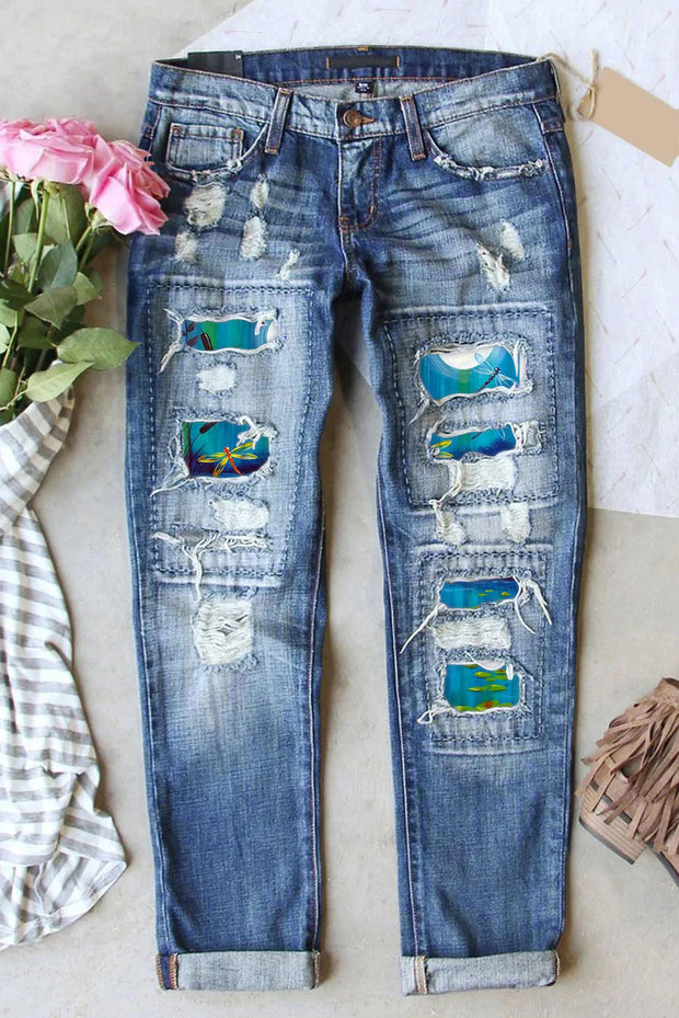 Casual Dragonflies Plants Blue Paintings Ripped Denim Jeans