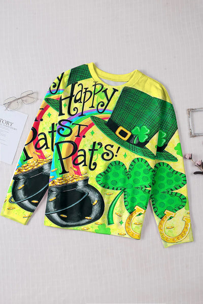 Happy St Pats! Hand-Painted Green Hat Clover Rainbow Print Long-Sleeved Sweatshirt